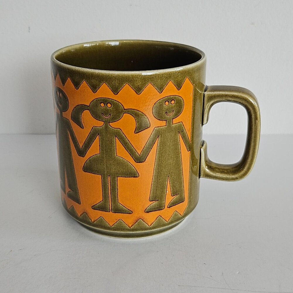 Vtg Rare Hornsea Coffee Mug John Clappison Children Holding Hands 1970's Orange